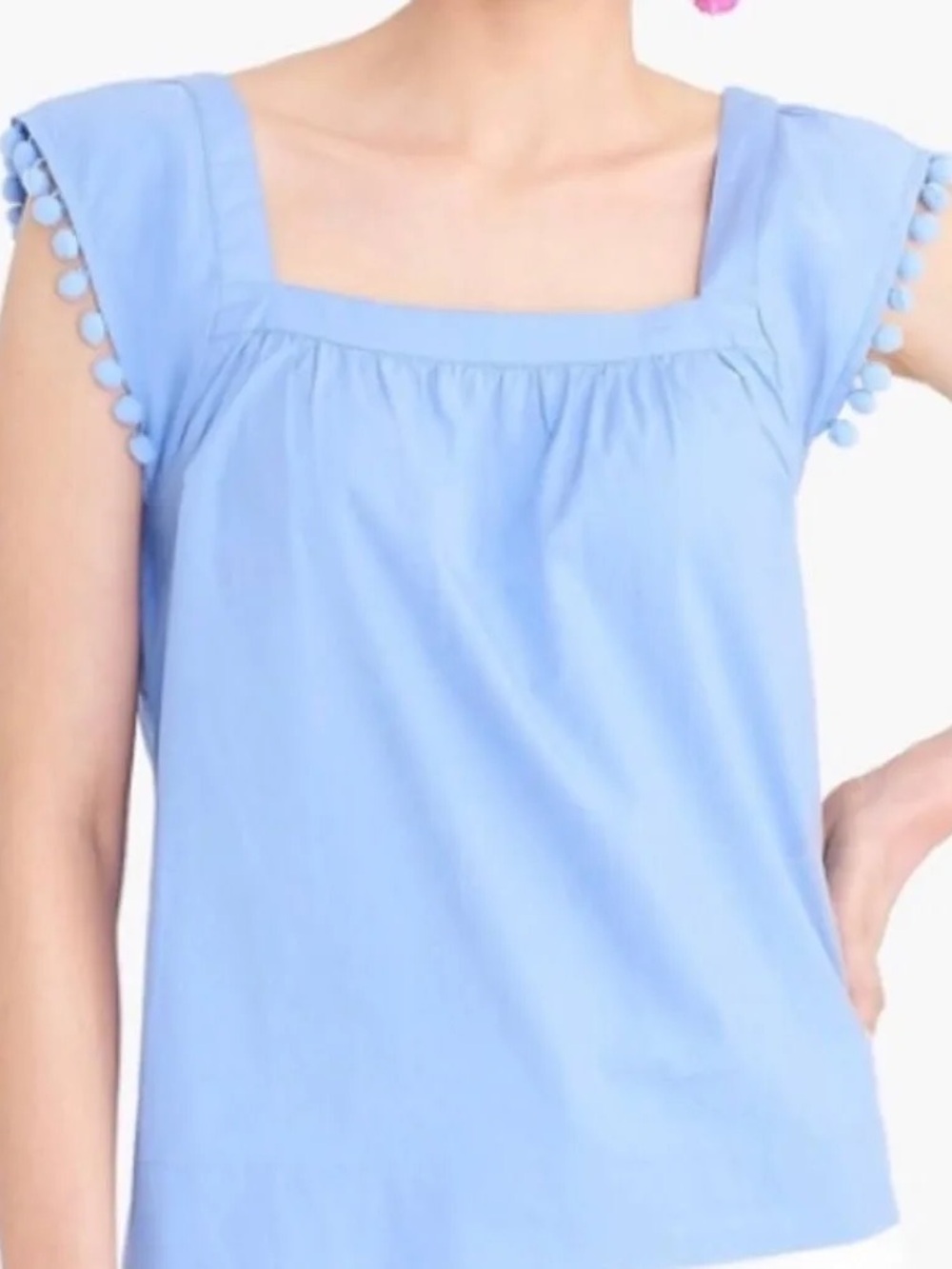 Light Blue Pom-Pom Sleeve Square Neck Women’s Top J Crew